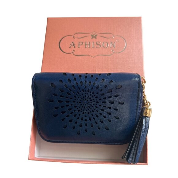Aphison RFID-Blocking Card Holder Wallet Tassel Zipper Closure Navy Blue - Picture 2 of 8